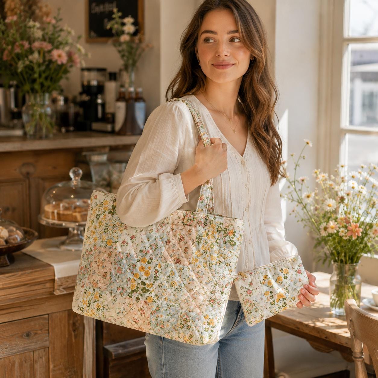 Floral Cottagecore Cotton Tote Shoulder Bag with Matching Pouch, Picnic Market Carryall and Handmade Style Gift For Her - photo 3