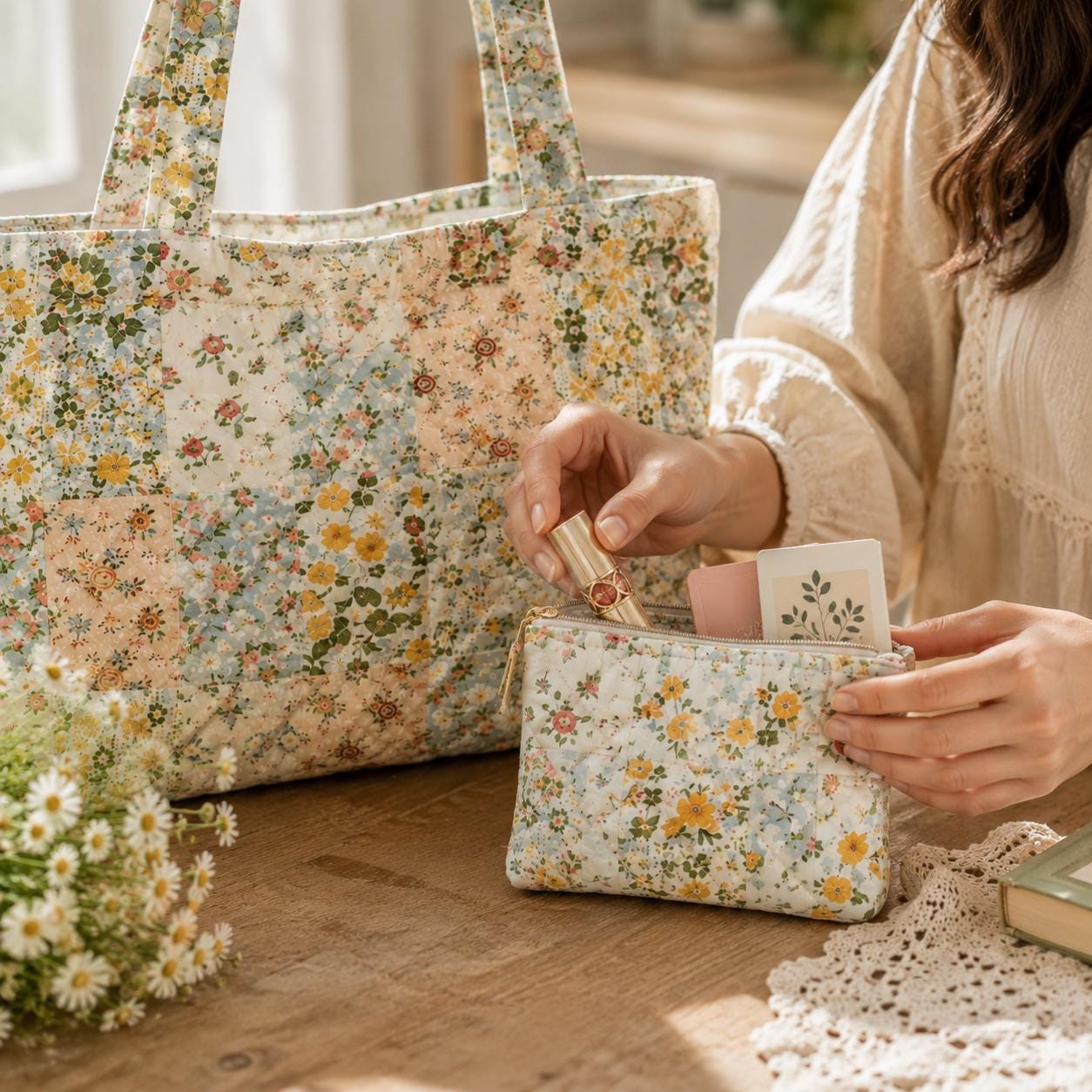 Floral Cottagecore Cotton Tote Shoulder Bag with Matching Pouch, Picnic Market Carryall and Handmade Style Gift For Her - photo 5