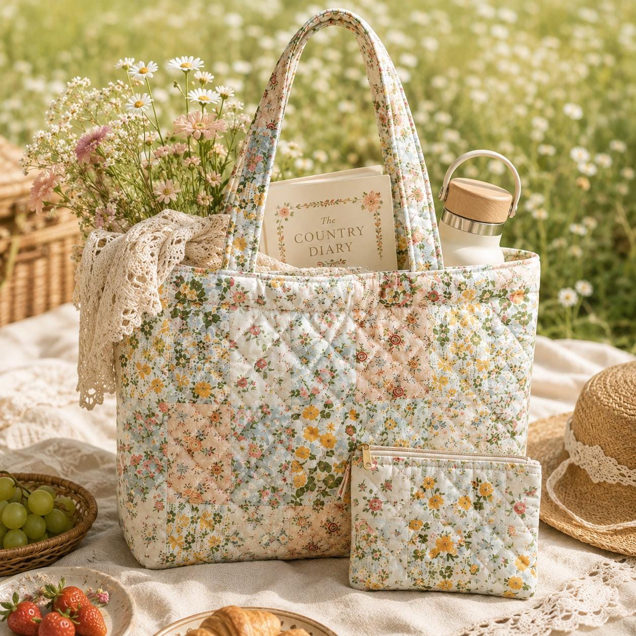 Floral Cottagecore Cotton Tote Shoulder Bag with Matching Pouch, Picnic Market Carryall and Handmade Style Gift For Her - photo 6