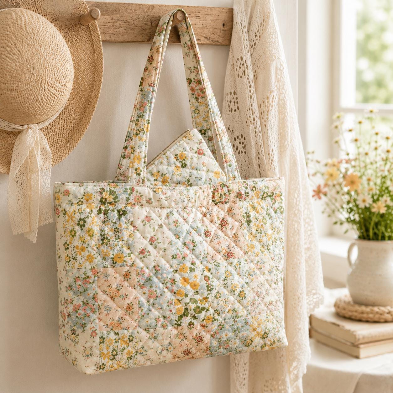 Floral Cottagecore Cotton Tote Shoulder Bag with Matching Pouch, Picnic Market Carryall and Handmade Style Gift For Her - photo 7