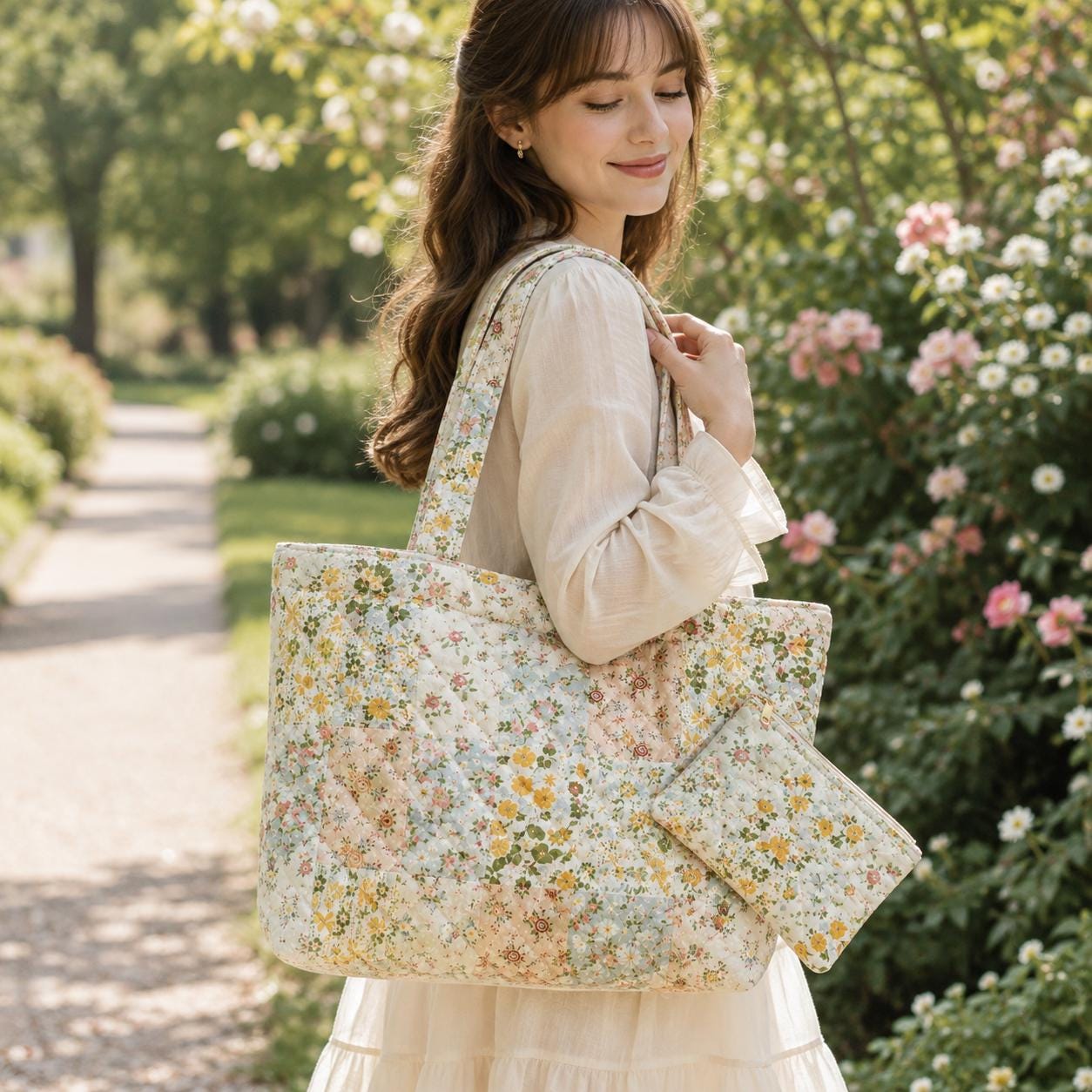 Floral Cottagecore Cotton Tote Shoulder Bag with Matching Pouch, Picnic Market Carryall and Handmade Style Gift For Her - photo 8