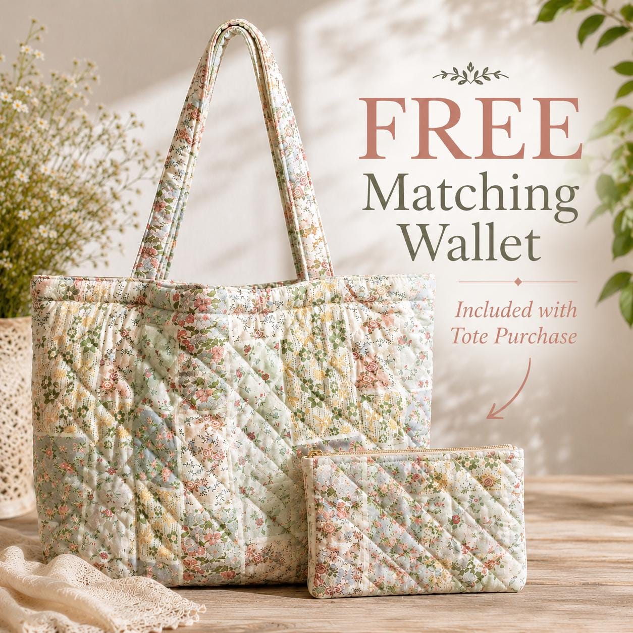 Floral Cottagecore Cotton Tote Shoulder Bag with Matching Pouch, Spring Picnic Market Carryall and Handmade Style Gift For Her - photo 1