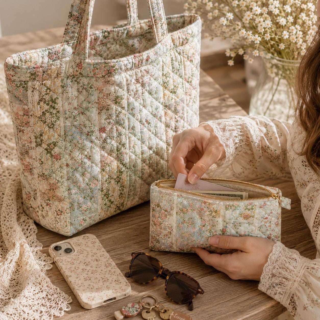 Floral Cottagecore Cotton Tote Shoulder Bag with Matching Pouch, Spring Picnic Market Carryall and Handmade Style Gift For Her - photo 2