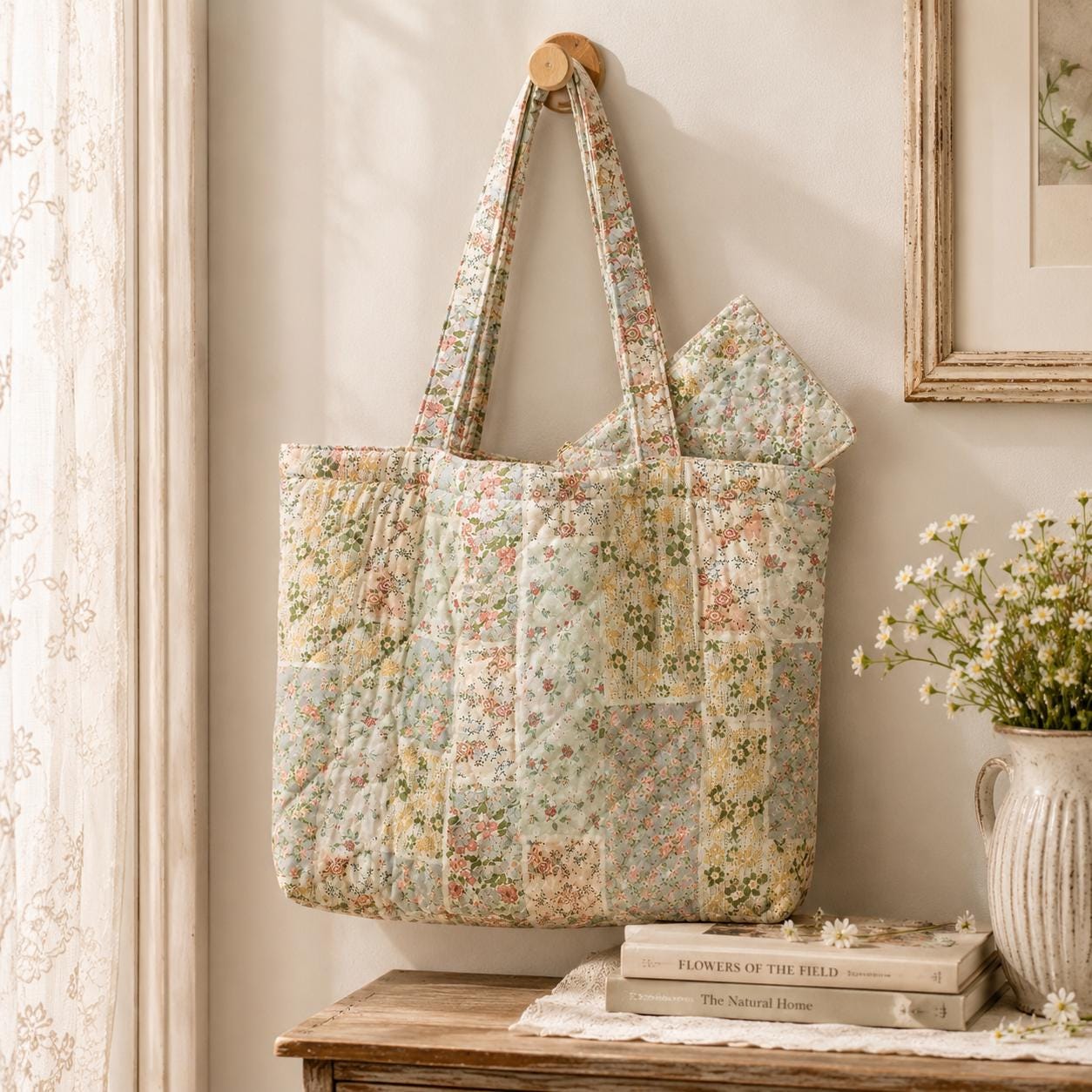 Floral Cottagecore Cotton Tote Shoulder Bag with Matching Pouch, Spring Picnic Market Carryall and Handmade Style Gift For Her - photo 5