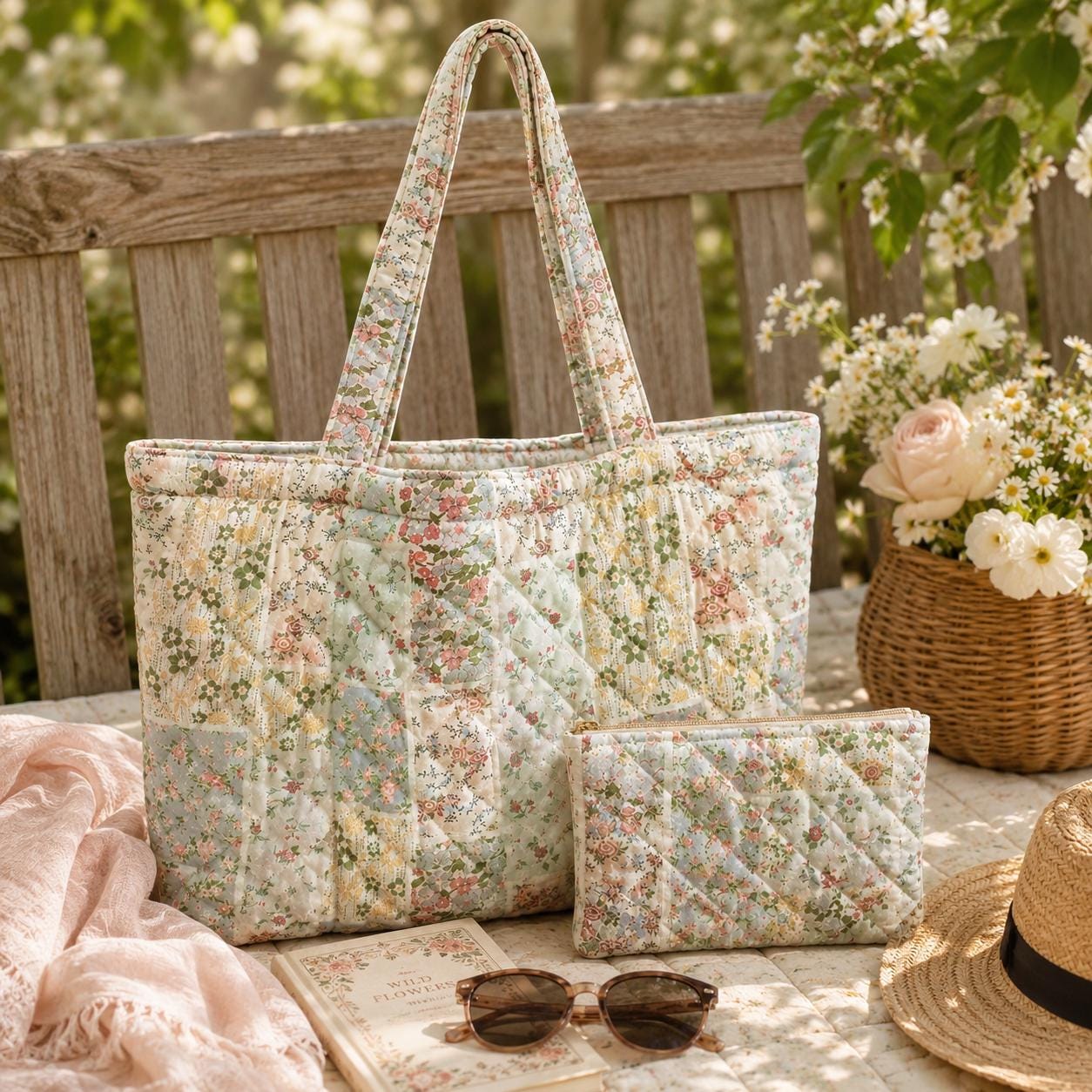 Floral Cottagecore Cotton Tote Shoulder Bag with Matching Pouch, Spring Picnic Market Carryall and Handmade Style Gift For Her - photo 6