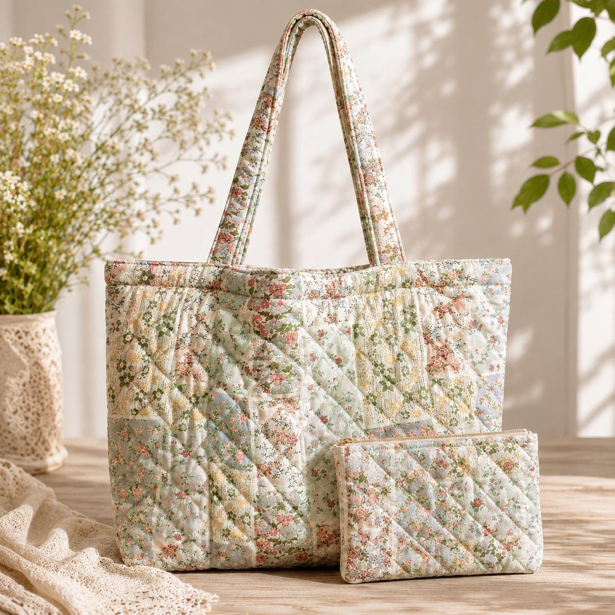 Floral Cottagecore Cotton Tote Shoulder Bag with Matching Pouch, Spring Picnic Market Carryall and Handmade Style Gift For Her - photo 7