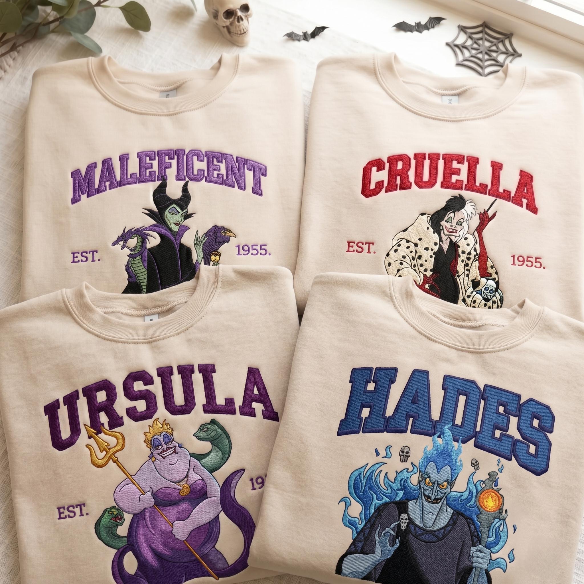 Villain Halloween Embroidered Sweatshirt With Maleficent Cruella Ursula Hades – Classic Disney Villains Spooky Season Crewneck Hoodie