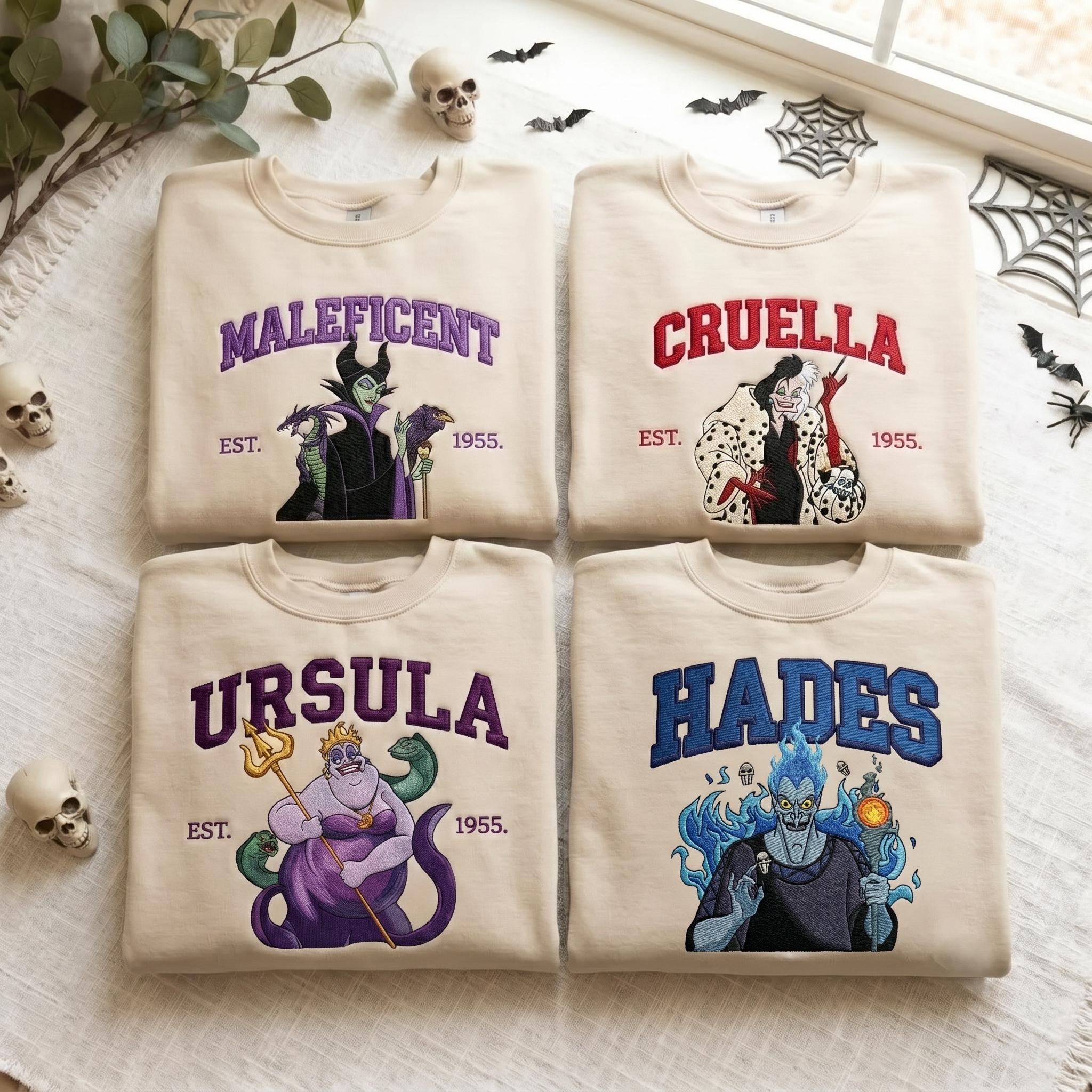 Villain Halloween Embroidered Sweatshirt With Maleficent Cruella Ursula Hades – Classic Disney Villains Spooky Season Crewneck Hoodie - photo 2