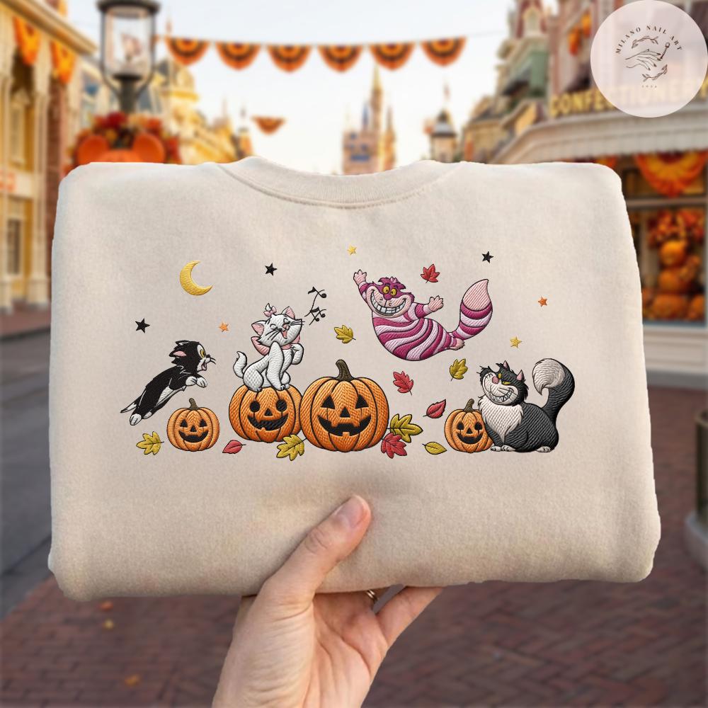 Embroidered Disney Cats Fall Pumpkin Halloween T-Shirt Sweatshirt With Marie Lucifer Cheshire Cat Figaro – WDW Disneyland Fall Shirt