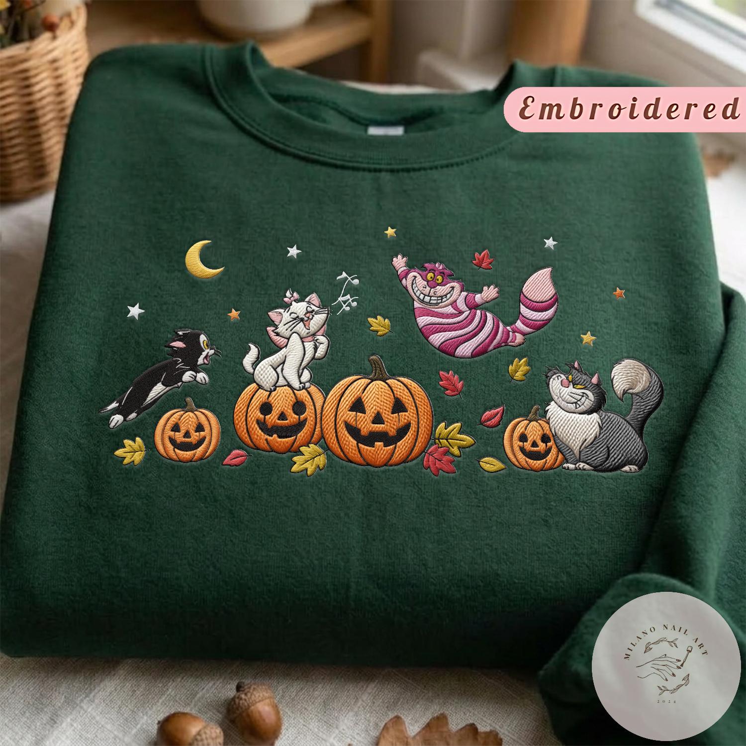 Embroidered Disney Cats Fall Pumpkin Halloween T-Shirt Sweatshirt With Marie Lucifer Cheshire Cat Figaro – WDW Disneyland Fall Shirt - photo 2