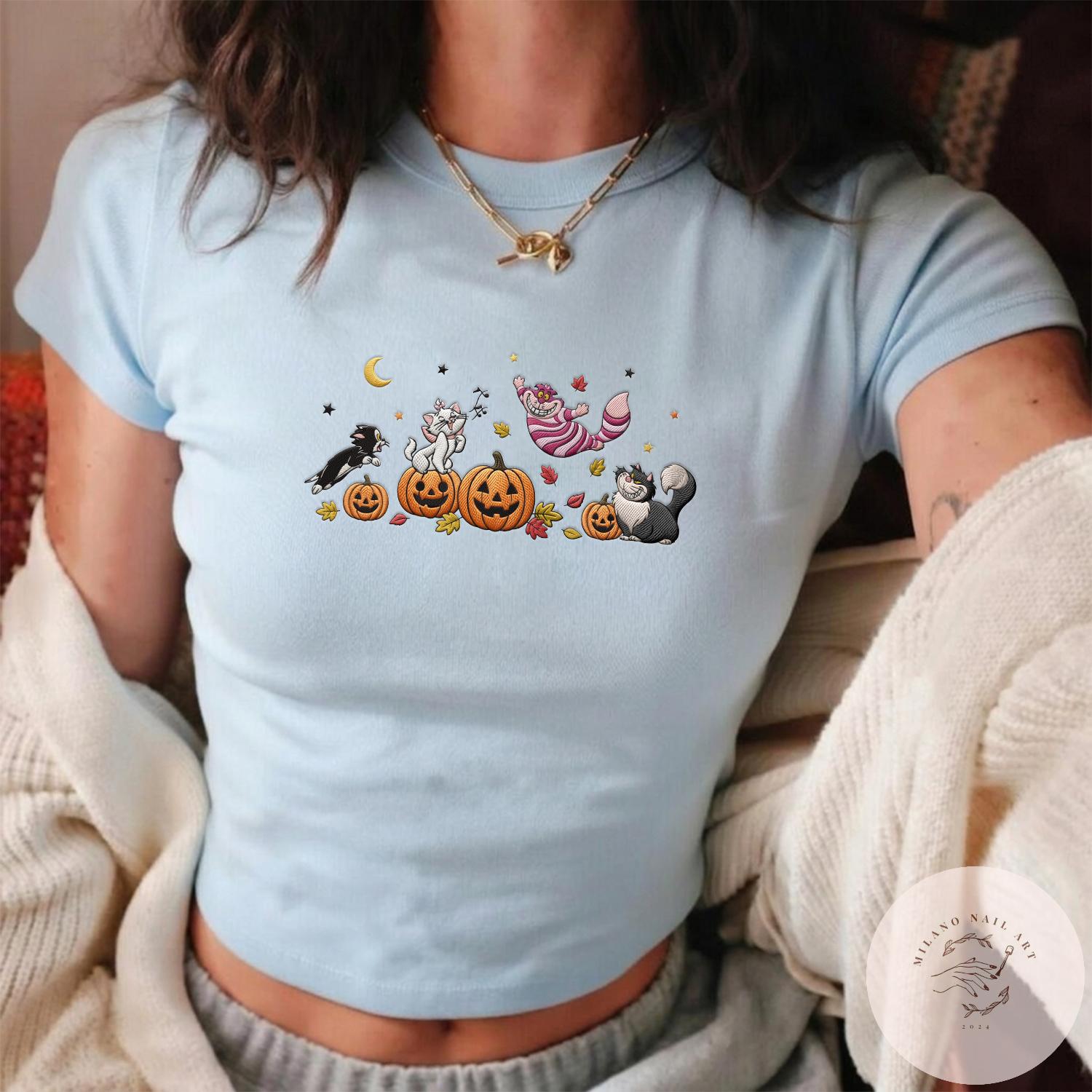 Embroidered Disney Cats Fall Pumpkin Halloween T-Shirt Sweatshirt With Marie Lucifer Cheshire Cat Figaro – WDW Disneyland Fall Shirt - photo 5