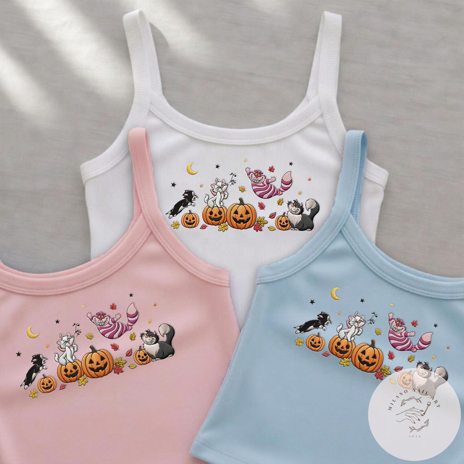 Embroidered Disney Cats Fall Pumpkin Halloween T-Shirt Sweatshirt With Marie Lucifer Cheshire Cat Figaro – WDW Disneyland Fall Shirt - photo 7