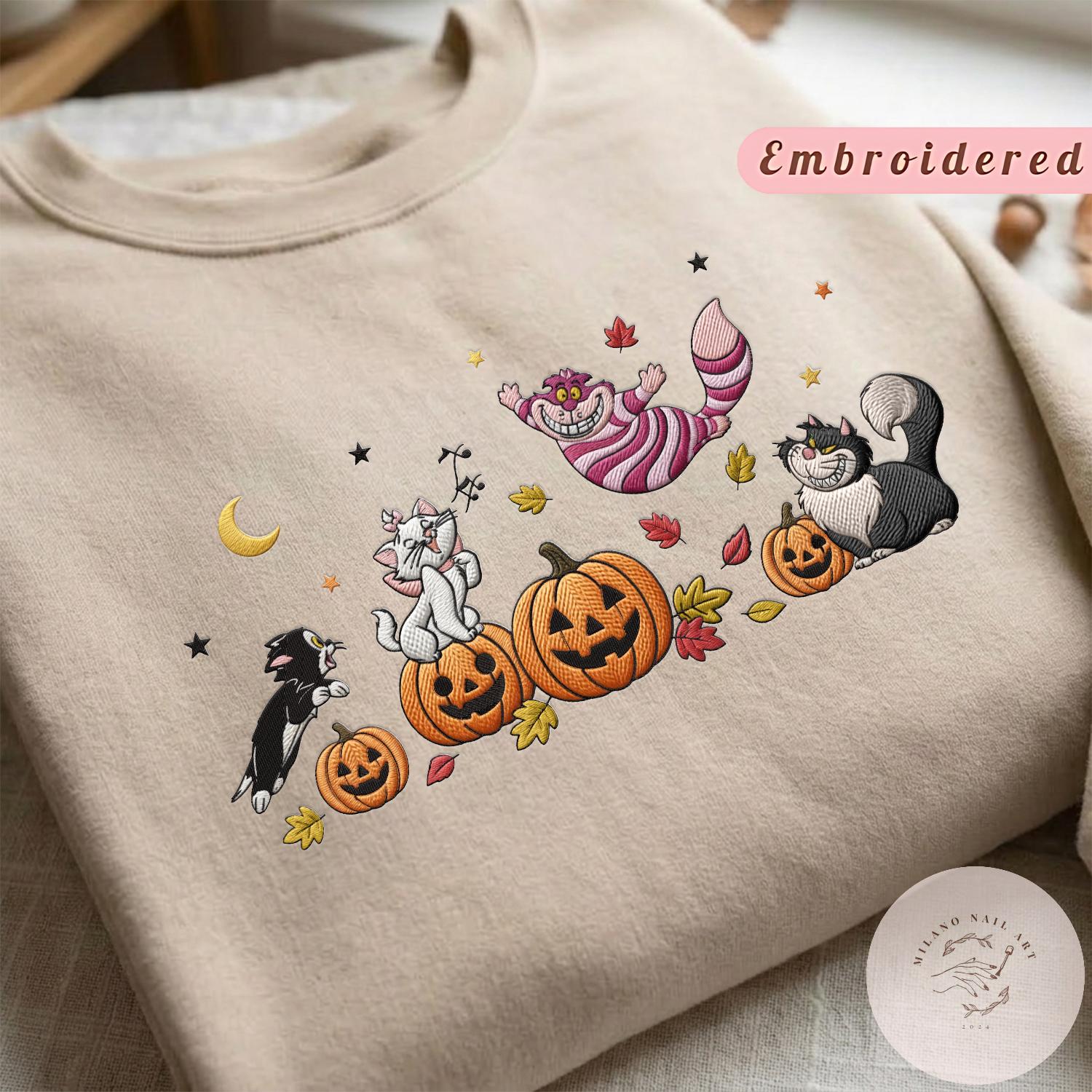 Embroidered Disney Cats Fall Pumpkin Halloween T-Shirt Sweatshirt With Marie Lucifer Cheshire Cat Figaro – WDW Disneyland Fall Shirt - photo 19