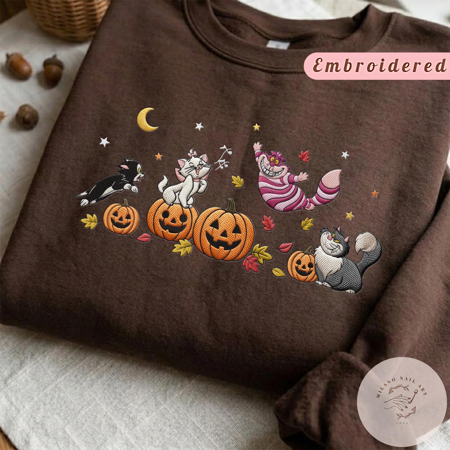 Embroidered Disney Cats Fall Pumpkin Halloween T-Shirt Sweatshirt With Marie Lucifer Cheshire Cat Figaro – WDW Disneyland Fall Shirt - photo 20
