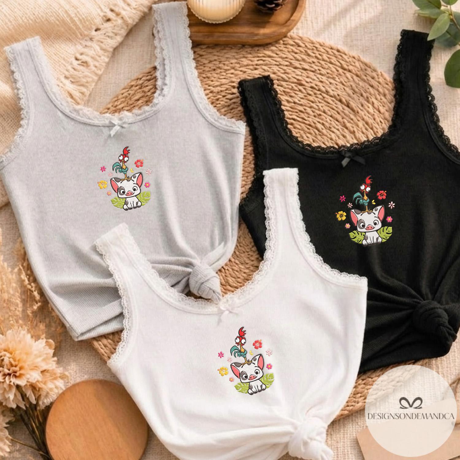 Embroidered Floral Pua and Hei Hei Shirt – Disney Moana Lace Trim Tank and Coquette Baby Tee Crop Tank for WDW Disneyland Trip - photo 2