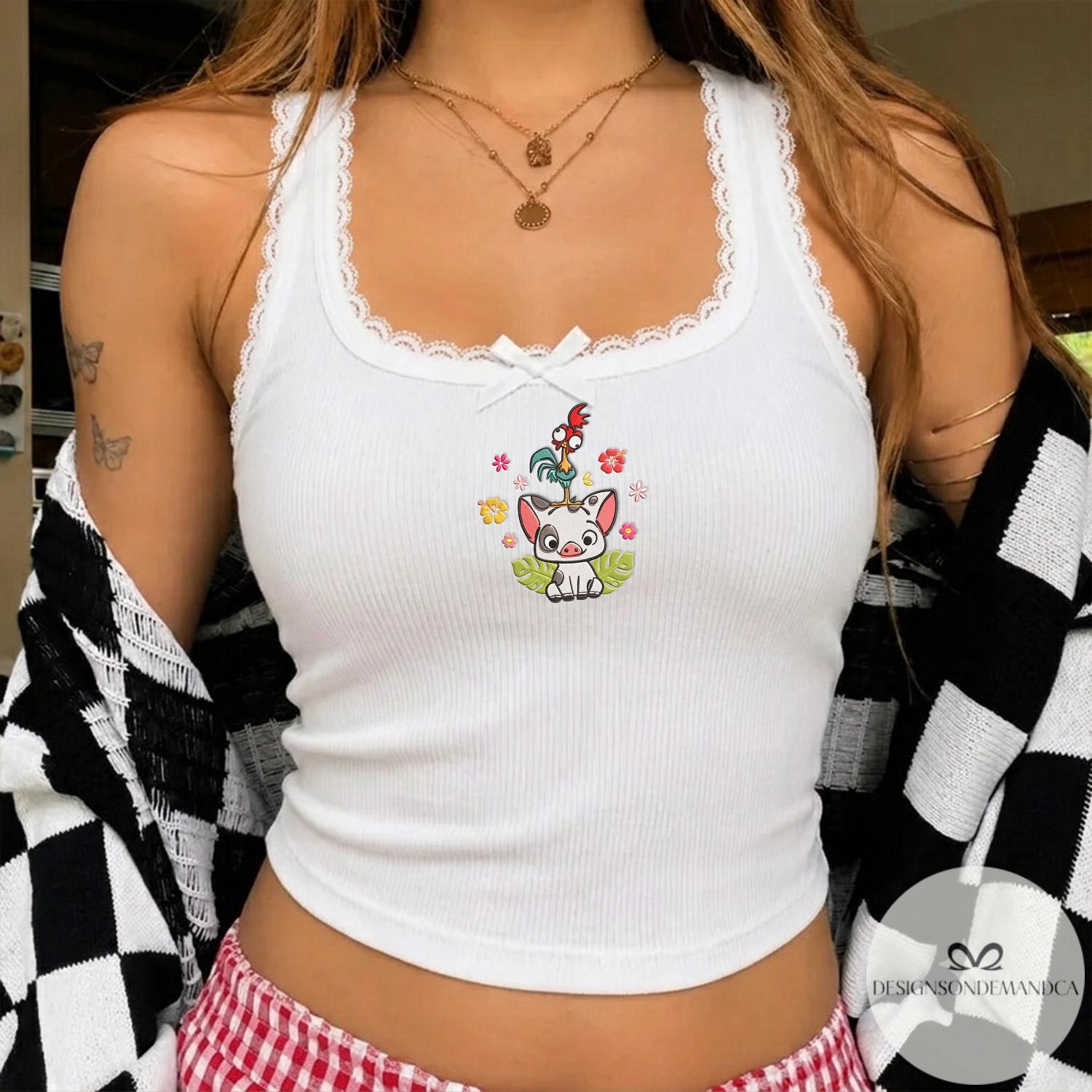 Embroidered Floral Pua and Hei Hei Shirt – Disney Moana Lace Trim Tank and Coquette Baby Tee Crop Tank for WDW Disneyland Trip - photo 4