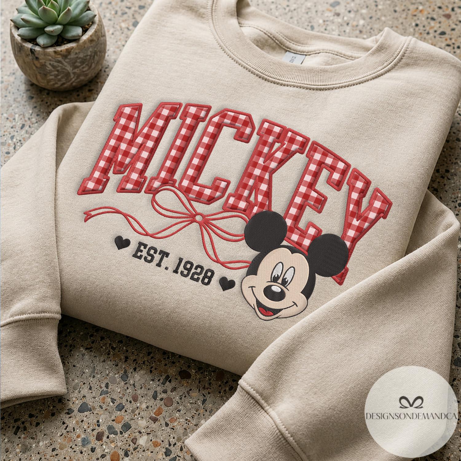 Embroidered Custom Disney Characters T-Shirt Sweatshirt With Mickey Minnie Pooh Stitch – Gingham Applique Shirt for WDW Disneyland Family