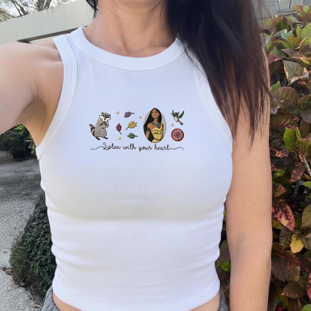 Embroidered Pocahontas Tank Top With Meeko and Flit Nature Design – Listen With Your Heart Disney Princess Gift for Vacation Outfit