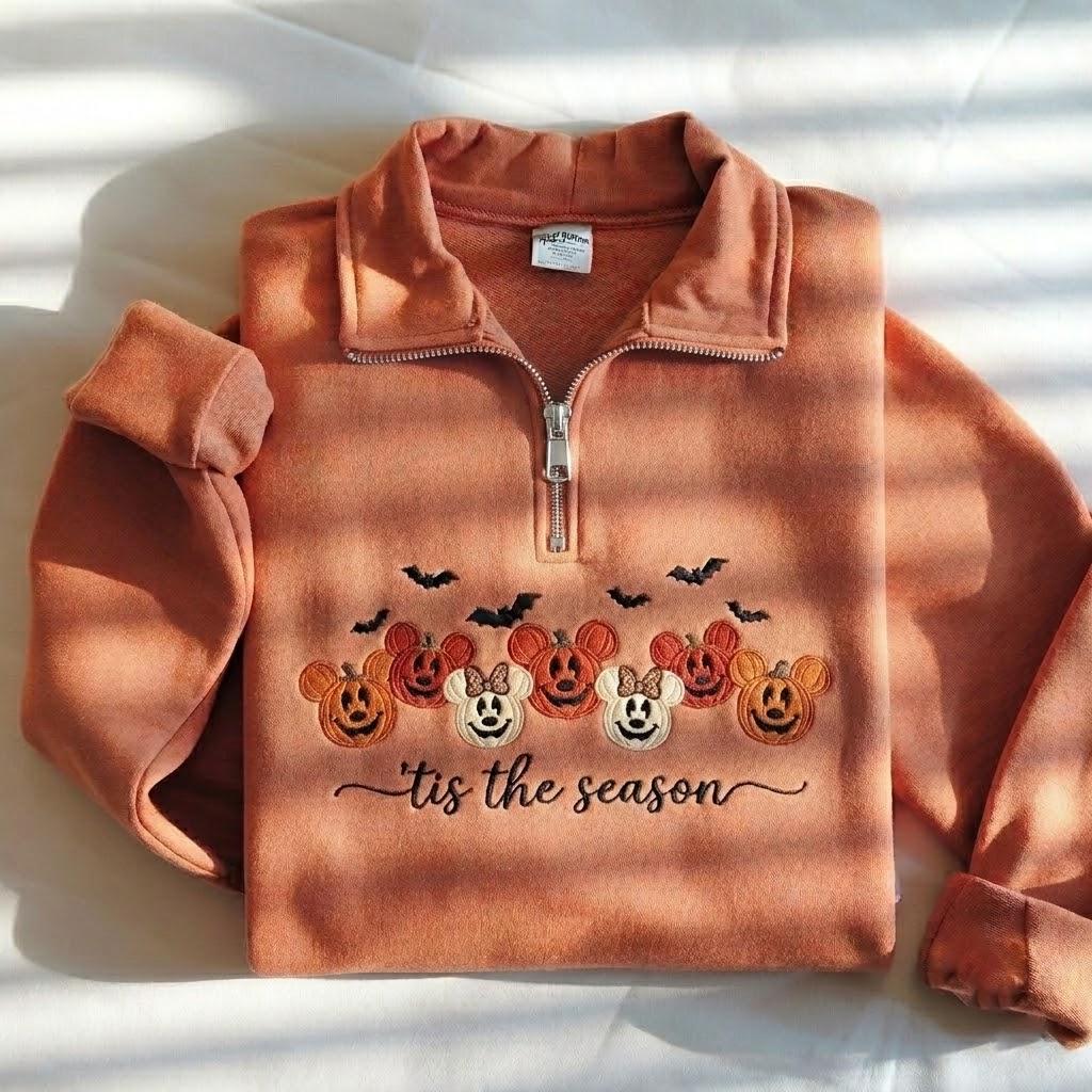 Embroidered Mickey and Minnie Pumpkin Quarter Zip Sweatshirt – Cute Tis the Season Halloween Pumpkin Sweatshirt for Fall
