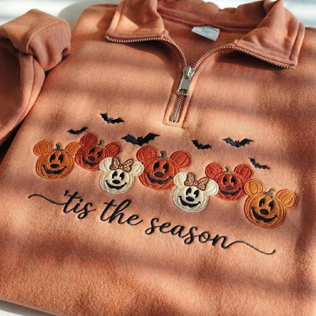 Embroidered Mickey and Minnie Pumpkin Quarter Zip Sweatshirt – Cute Tis the Season Halloween Pumpkin Sweatshirt for Fall - photo 2