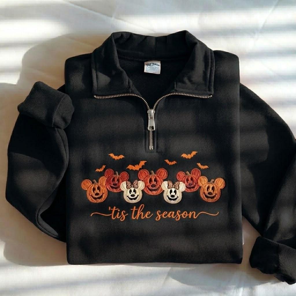 Embroidered Mickey and Minnie Pumpkin Quarter Zip Sweatshirt – Cute Tis the Season Halloween Pumpkin Sweatshirt for Fall - photo 3