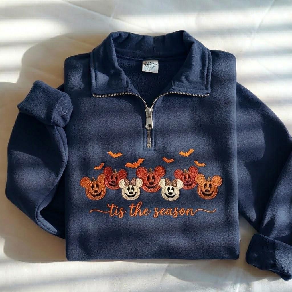 Embroidered Mickey and Minnie Pumpkin Quarter Zip Sweatshirt – Cute Tis the Season Halloween Pumpkin Sweatshirt for Fall - photo 4