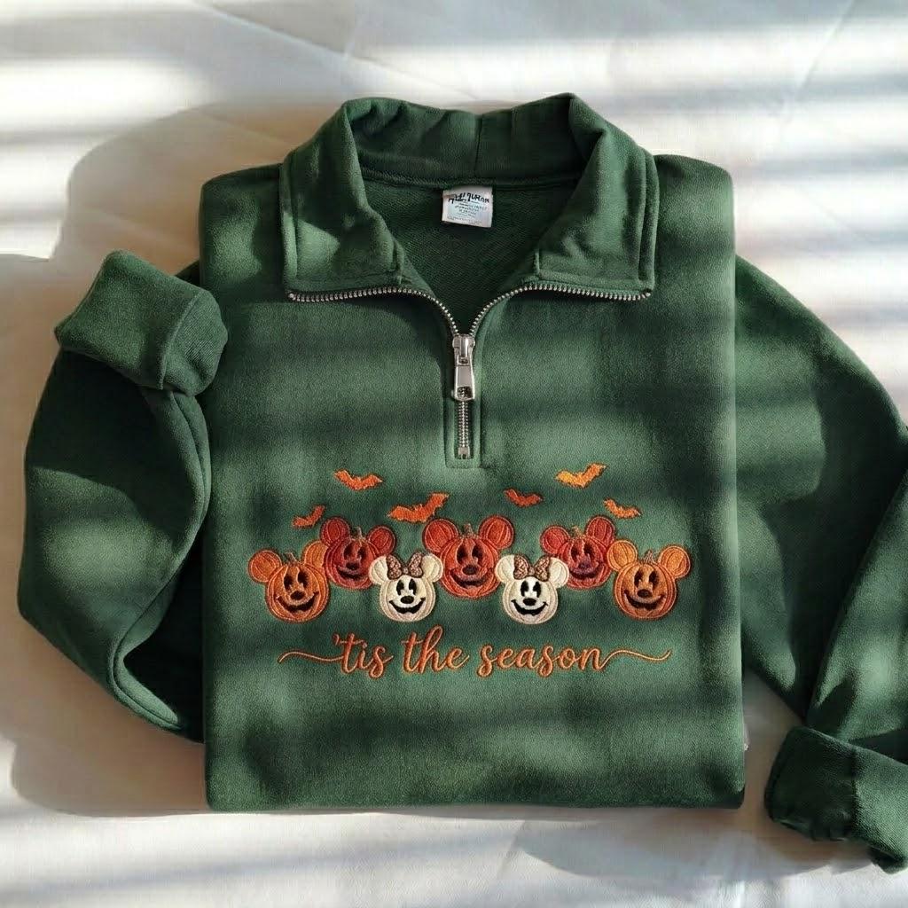 Embroidered Mickey and Minnie Pumpkin Quarter Zip Sweatshirt – Cute Tis the Season Halloween Pumpkin Sweatshirt for Fall - photo 5