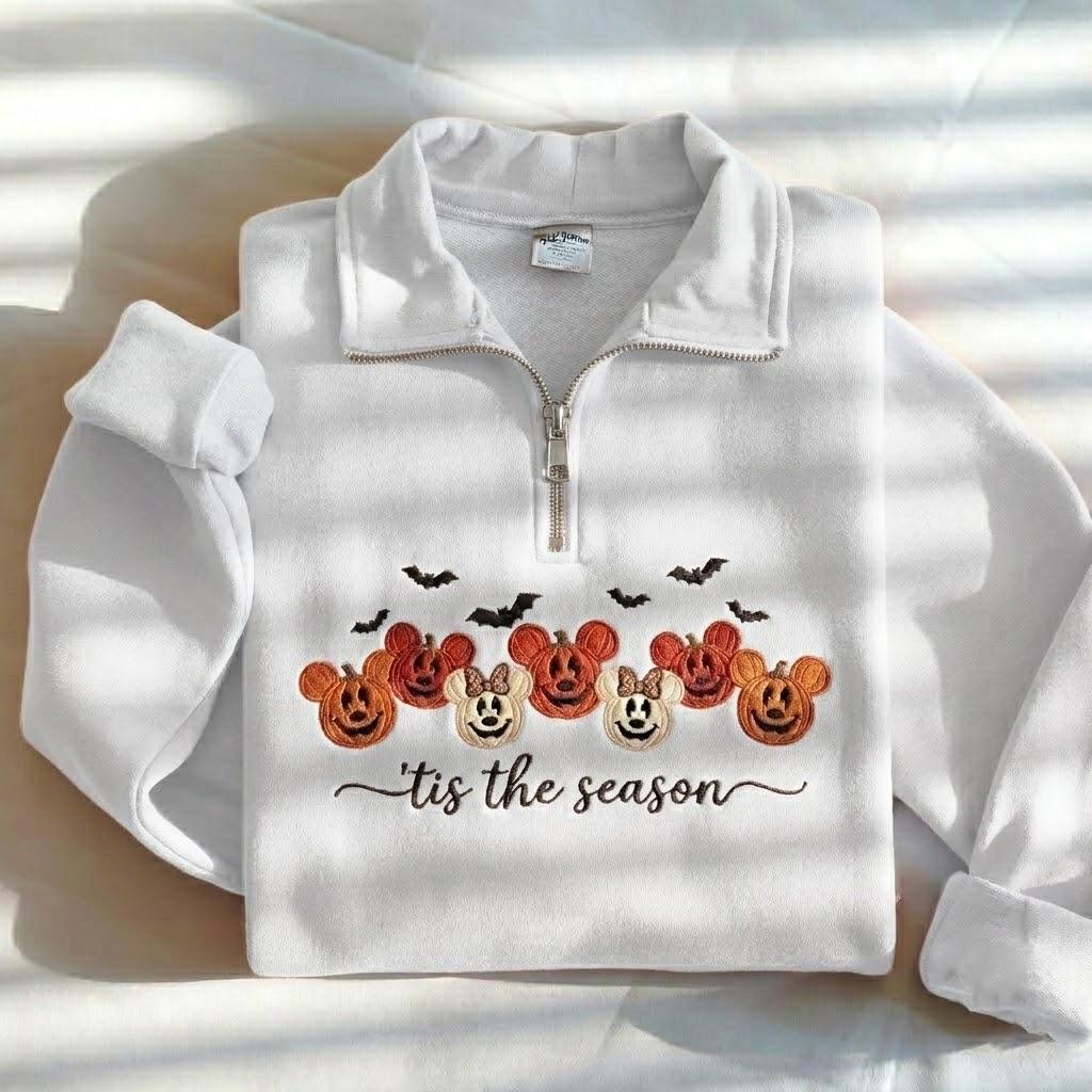 Embroidered Mickey and Minnie Pumpkin Quarter Zip Sweatshirt – Cute Tis the Season Halloween Pumpkin Sweatshirt for Fall - photo 6