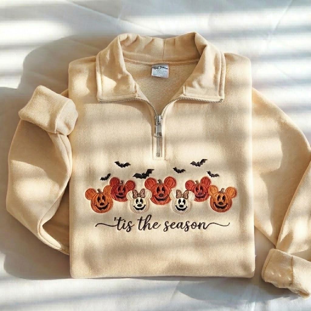 Embroidered Mickey and Minnie Pumpkin Quarter Zip Sweatshirt – Cute Tis the Season Halloween Pumpkin Sweatshirt for Fall - photo 7