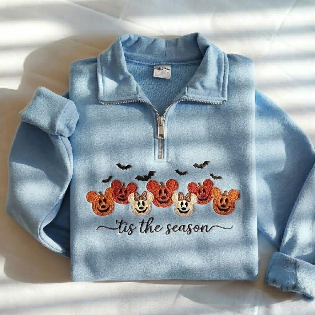 Embroidered Mickey and Minnie Pumpkin Quarter Zip Sweatshirt – Cute Tis the Season Halloween Pumpkin Sweatshirt for Fall - photo 8