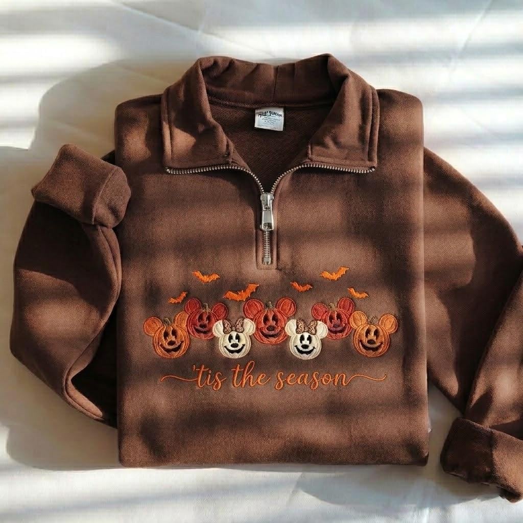 Embroidered Mickey and Minnie Pumpkin Quarter Zip Sweatshirt – Cute Tis the Season Halloween Pumpkin Sweatshirt for Fall - photo 9