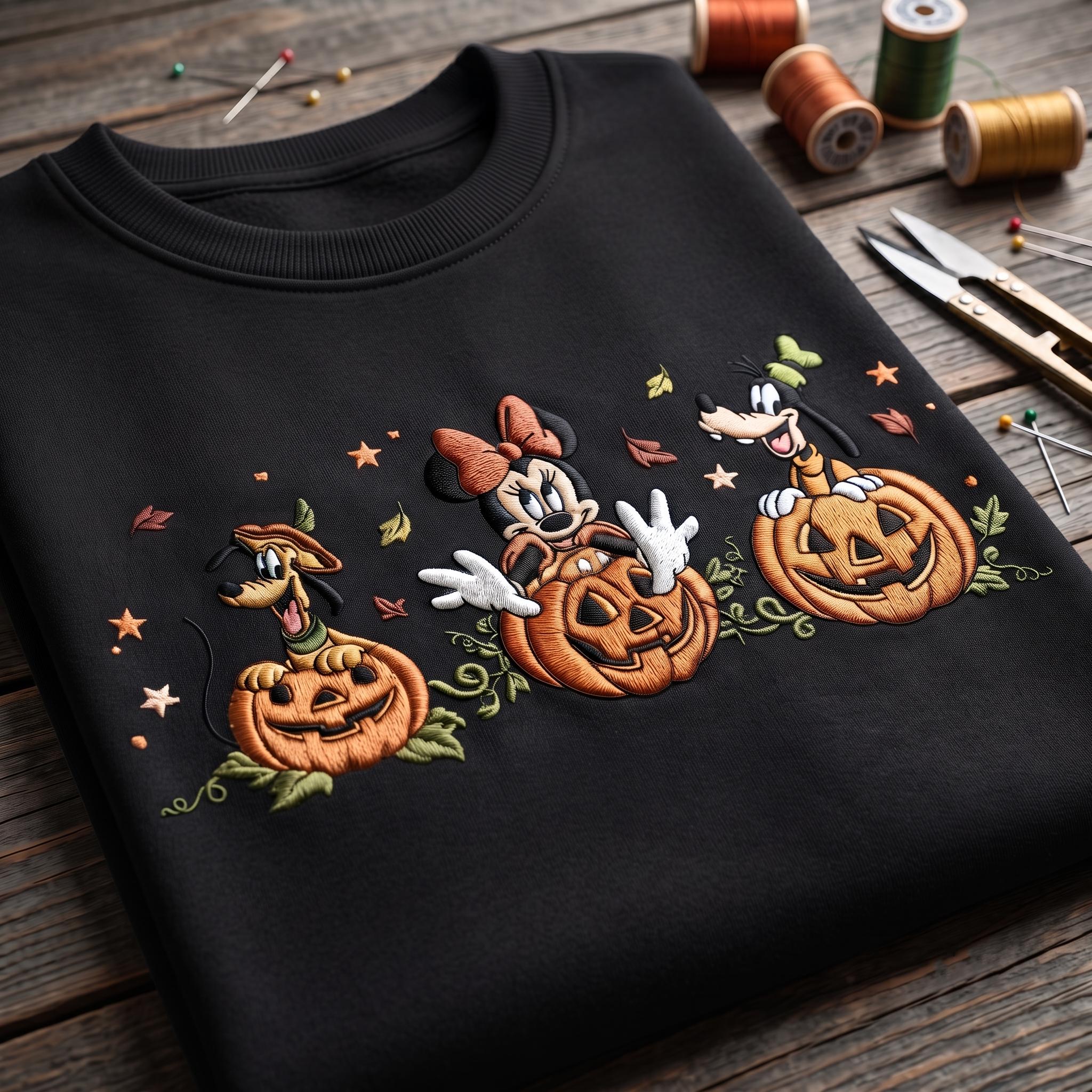 Embroidered Minnie Pluto and Goofy Pumpkin Sweatshirt – Spooky Disney Halloween Friends Shirt for Disneyland Vacation and Halloween Trip