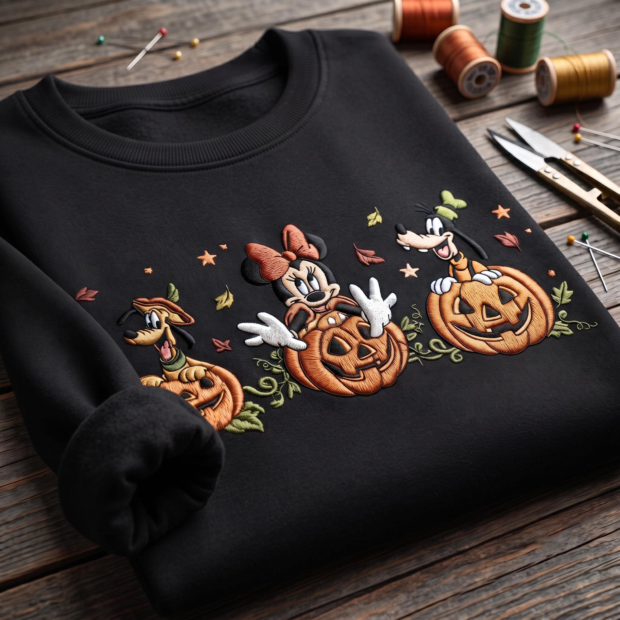 Embroidered Minnie Pluto and Goofy Pumpkin Sweatshirt – Spooky Disney Halloween Friends Shirt for Disneyland Vacation and Halloween Trip - photo 2
