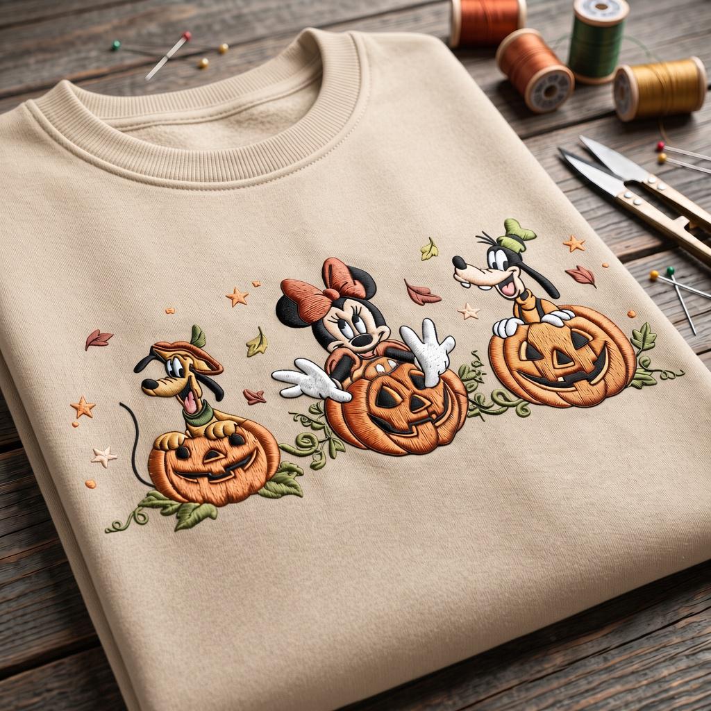 Embroidered Minnie Pluto and Goofy Pumpkin Sweatshirt – Spooky Disney Halloween Friends Shirt for Disneyland Vacation and Halloween Trip - photo 3