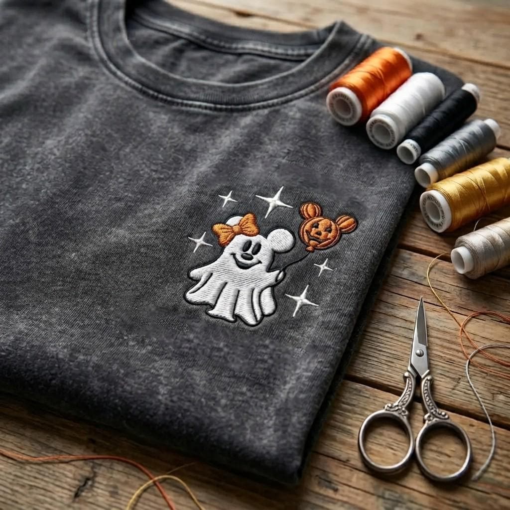 Embroidered Mickey Ghost Pumpkin Balloon Washed Tee – Vintage Disneyland Vacation Shirt and Cute Spooky Mickey Pumpkin Top