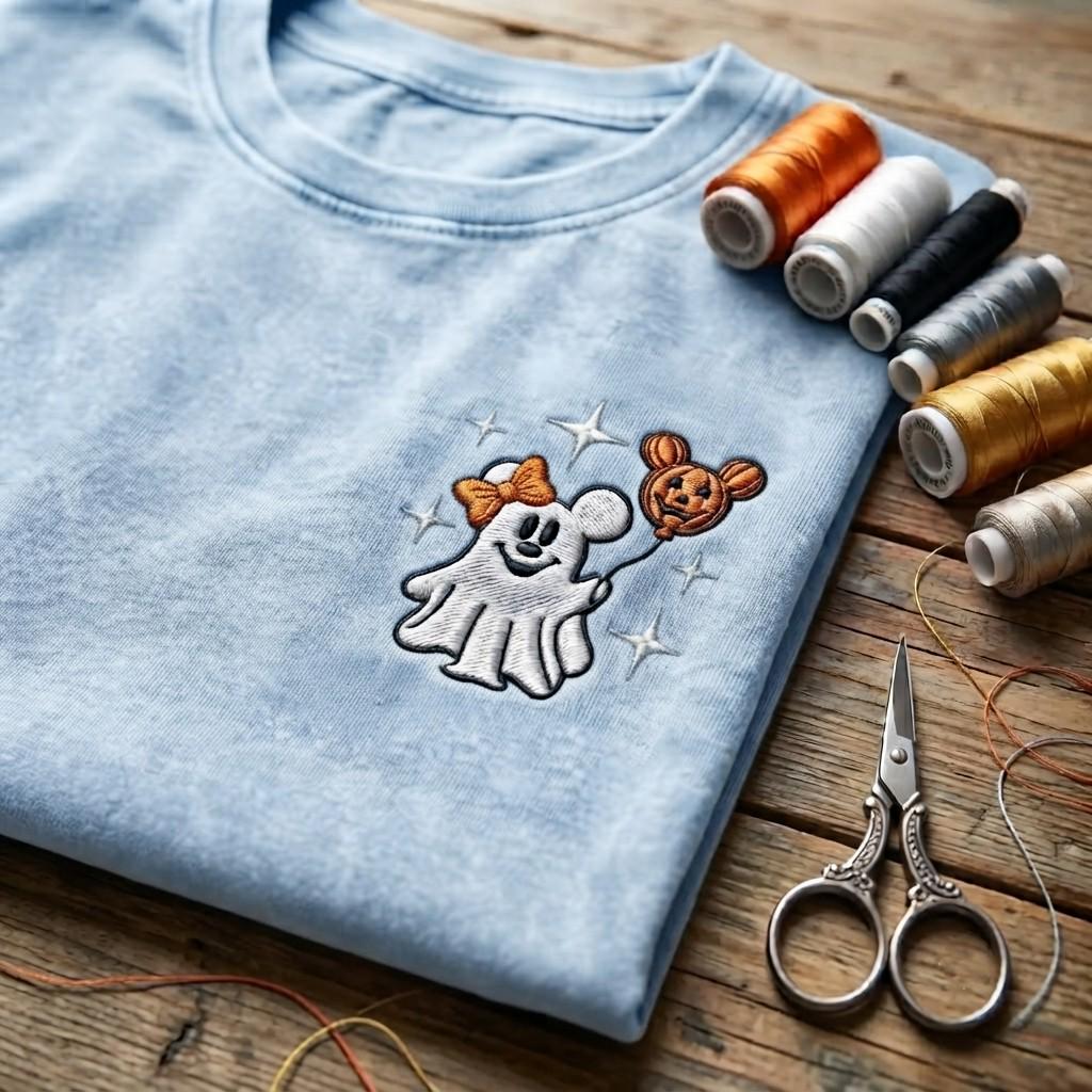 Embroidered Mickey Ghost Pumpkin Balloon Washed Tee – Vintage Disneyland Vacation Shirt and Cute Spooky Mickey Pumpkin Top - photo 2