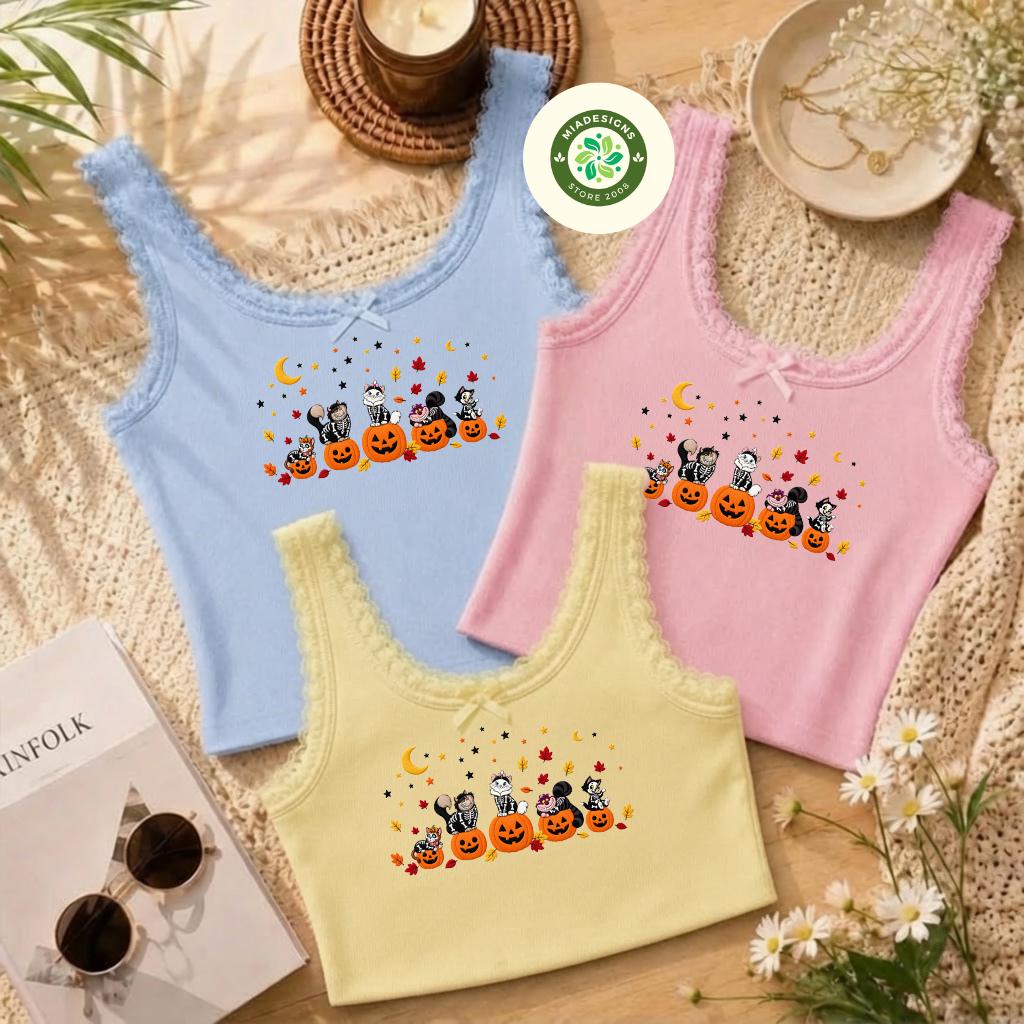 Embroidered Retro Disney Cats Halloween Lace Trim Tank Top Baby Tee – The Aristocats Spooky Disneyworld Halloween Embroidery Shirt - photo 2