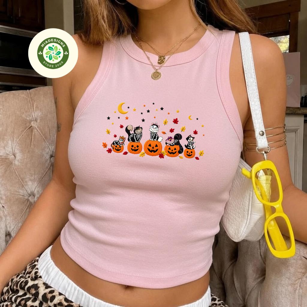 Embroidered Retro Disney Cats Halloween Lace Trim Tank Top Baby Tee – The Aristocats Spooky Disneyworld Halloween Embroidery Shirt - photo 3