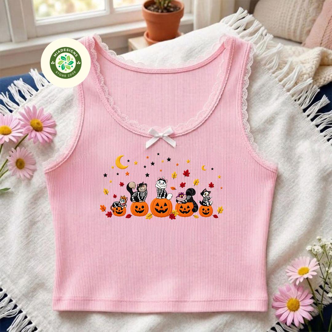 Embroidered Retro Disney Cats Halloween Lace Trim Tank Top Baby Tee – The Aristocats Spooky Disneyworld Halloween Embroidery Shirt - photo 4