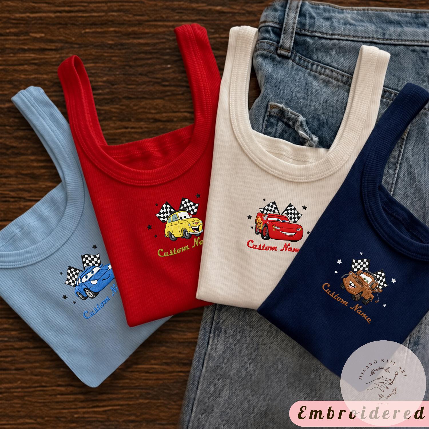 Embroidered All Characters Disney Cars Baby Tee Crop Tank With Lightning McQueen and Mater – Cars Land Family Lace Trim Tank Top Shirt