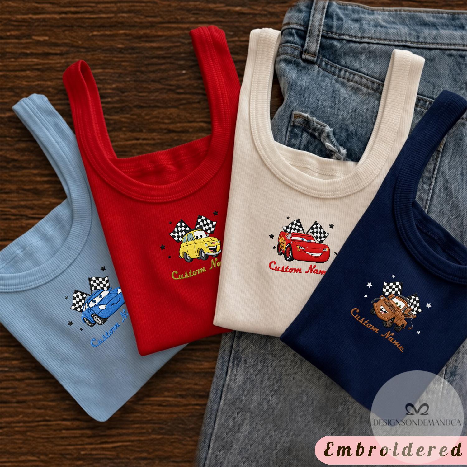 Custom Embroidered Disney Cars Characters Shirt Baby Tee – Lightning McQueen and Mater Cars Land Lace Trim Tank Top for Family Trip