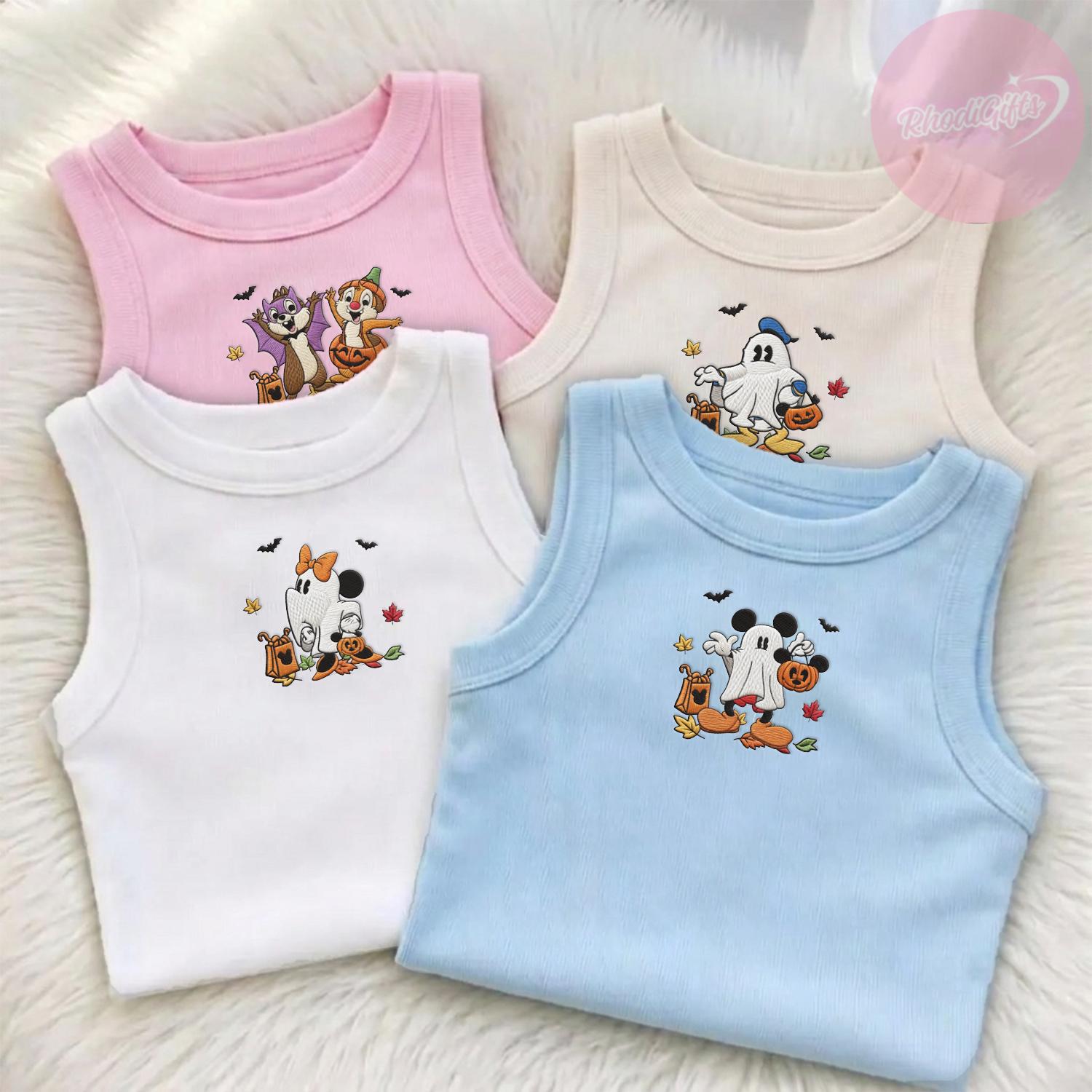 Embroidered All Disney Characters Halloween Baby Tee Crop Tank – WDW Disneyland Halloween Girl Trip Lace Trim Tank Top With Fall Vibes