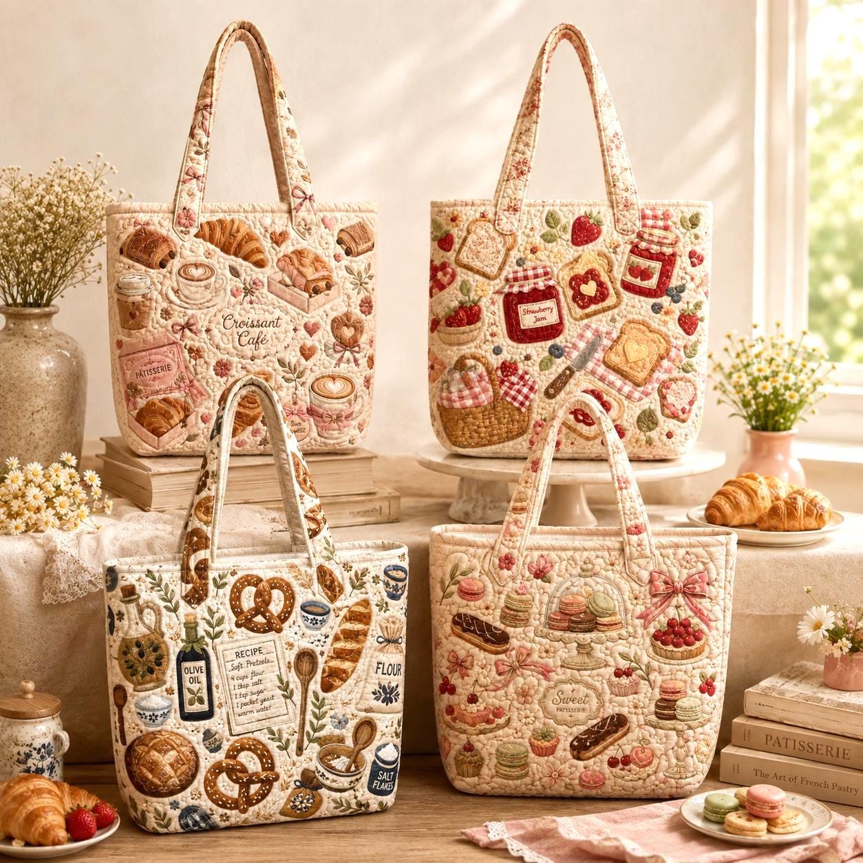 Bakery Pastry Cafe Cotton Tote Shoulder Bag, Croissant Strawberry Jam Patchwork Carryall and Cottagecore Gift For Her