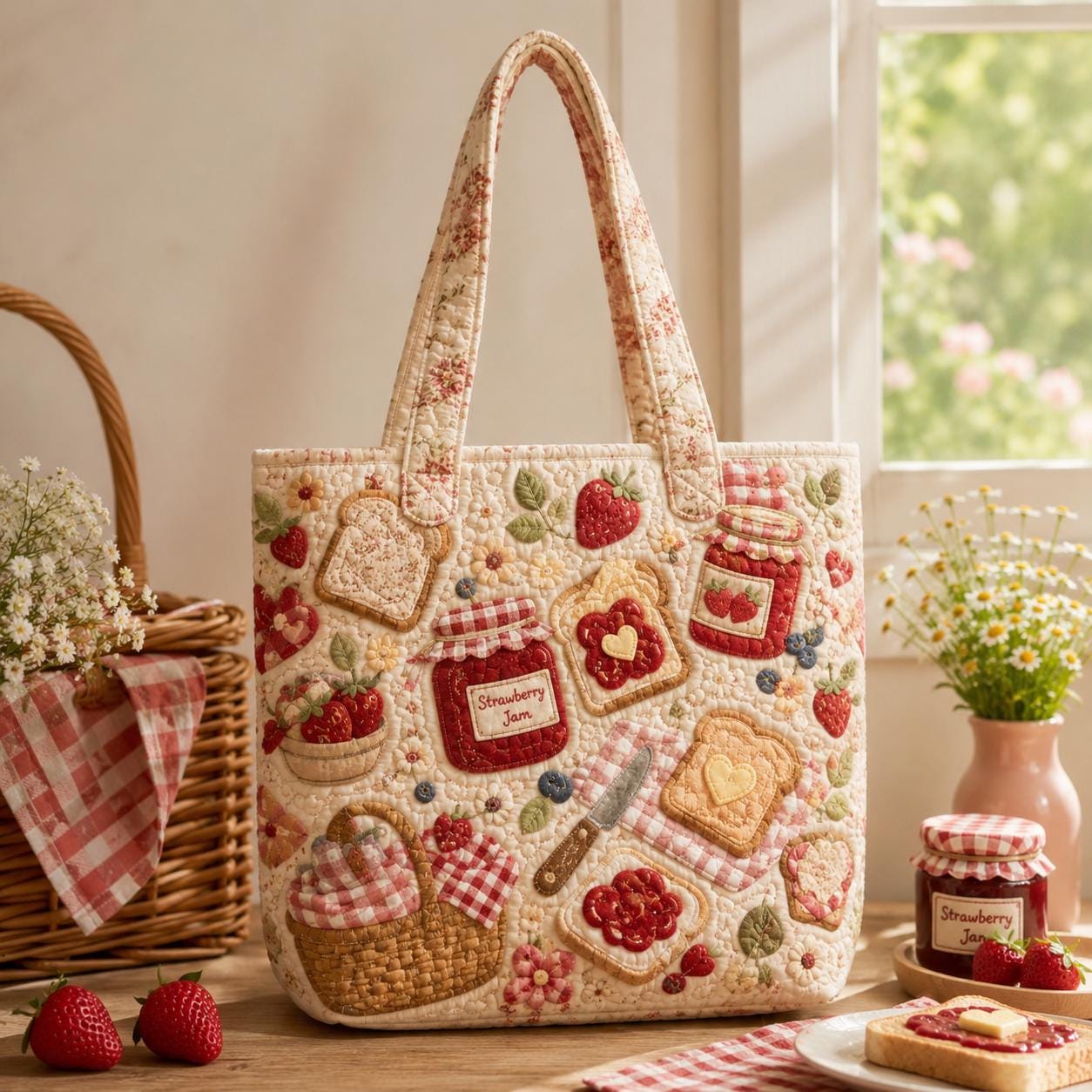 Bakery Pastry Cafe Cotton Tote Shoulder Bag, Croissant Strawberry Jam Patchwork Carryall and Cottagecore Gift For Her - photo 3
