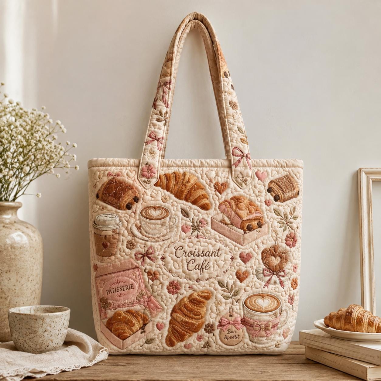 Bakery Pastry Cafe Cotton Tote Shoulder Bag, Croissant Strawberry Jam Patchwork Carryall and Cottagecore Gift For Her - photo 7