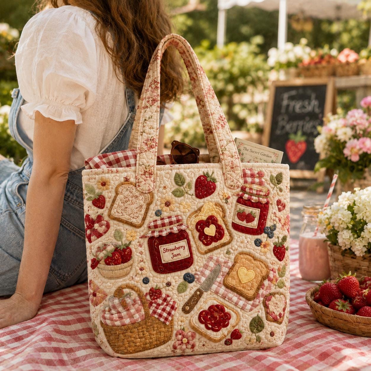 Bakery Pastry Cafe Cotton Tote Shoulder Bag, Croissant Strawberry Jam Patchwork Carryall and Cottagecore Gift For Her - photo 9