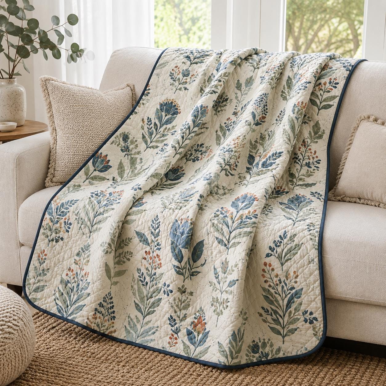 Boho Folk Botanical Floral Cottage Style Blanket and Bed Throw, Cottagecore Farmhouse Bedspread and Sofa Bed Cover