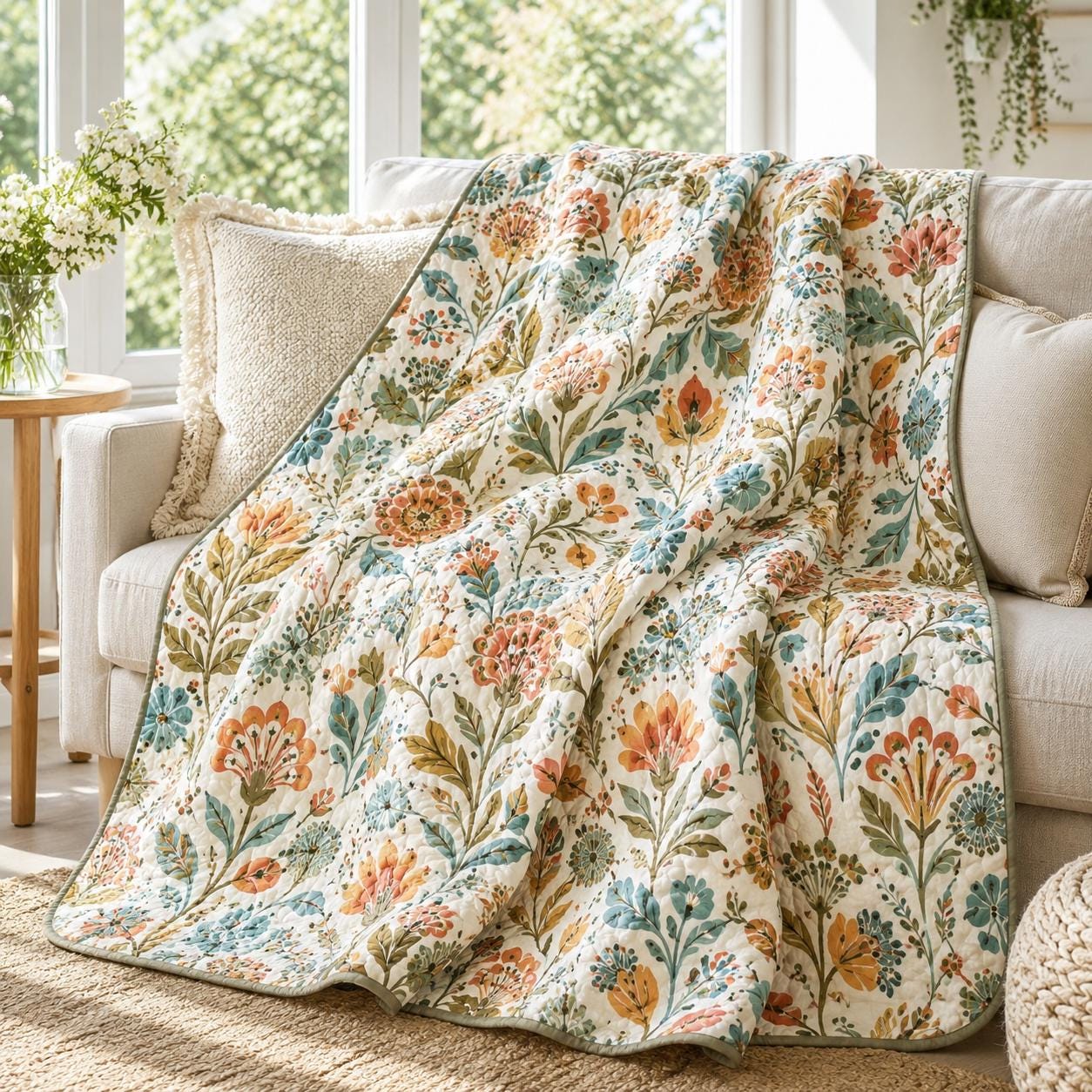 Boho Folk Botanical Floral Cottage Style Blanket and Bed Throw, Cottagecore Farmhouse Bedspread and Sofa Bed Cover - photo 2