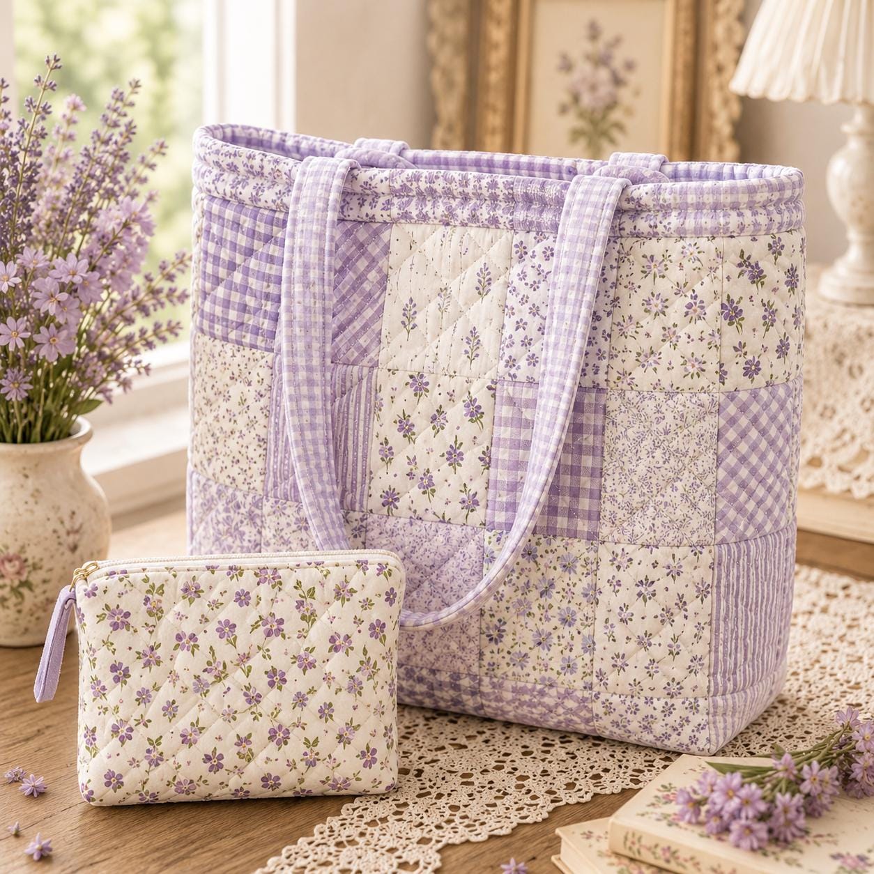 Pastel Floral Cotton Tote Shoulder Bag Set with Matching Pouch, Cottagecore Carryall and Handmade Style Gift