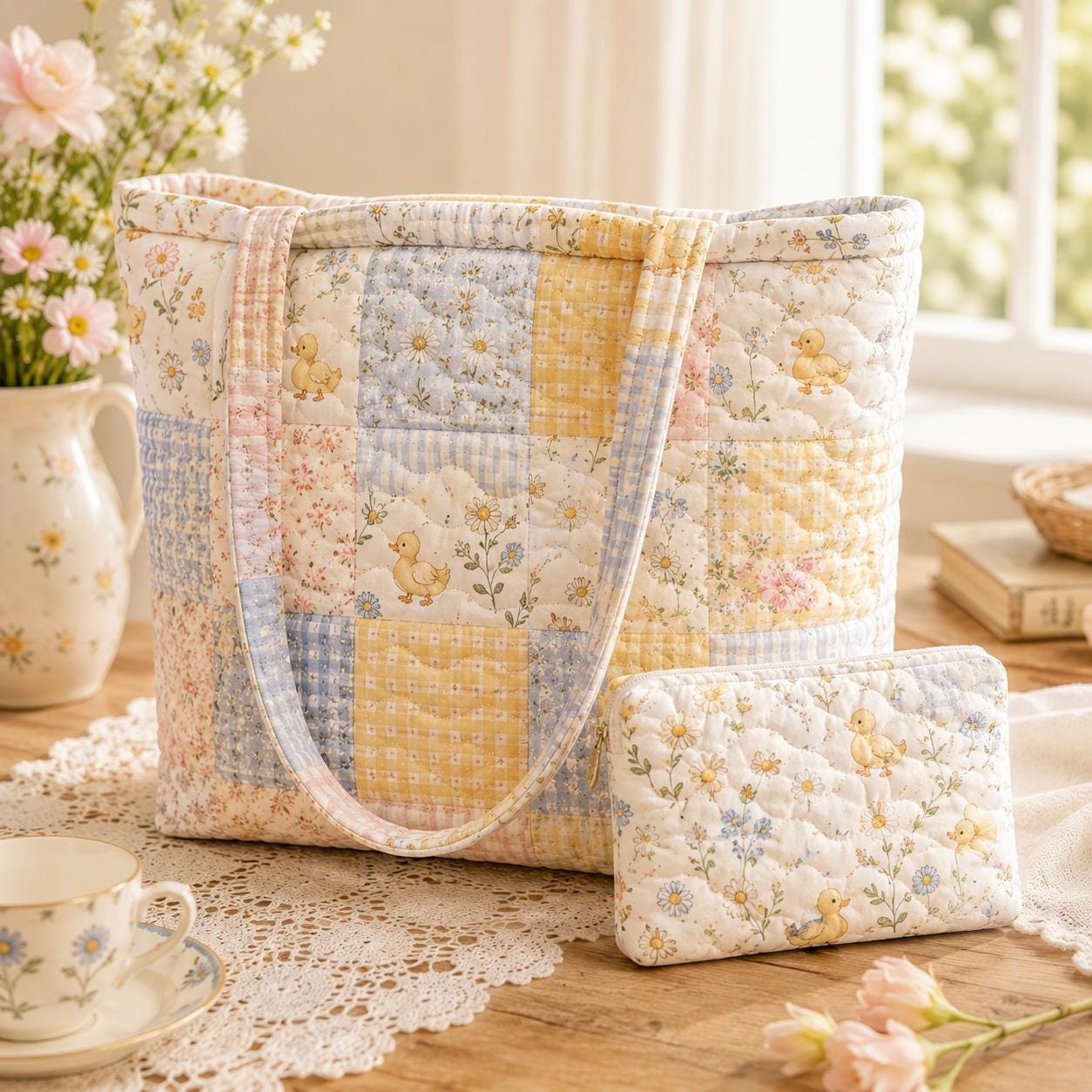 Pastel Floral Cotton Tote Shoulder Bag Set with Matching Pouch, Cottagecore Carryall and Handmade Style Gift - photo 2